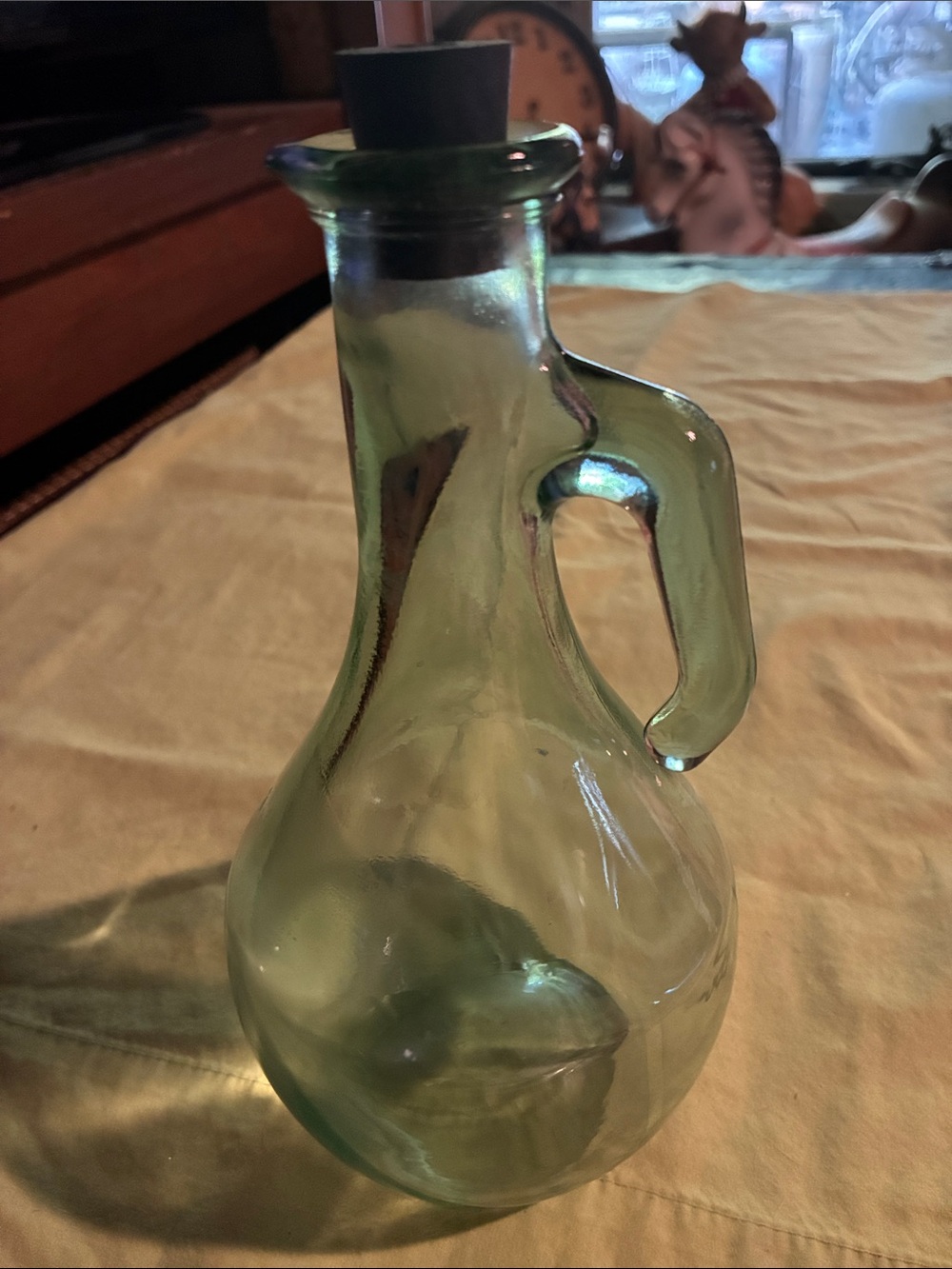 Green Glass Olive Oil Cruet with Handle & Rubber Stopper